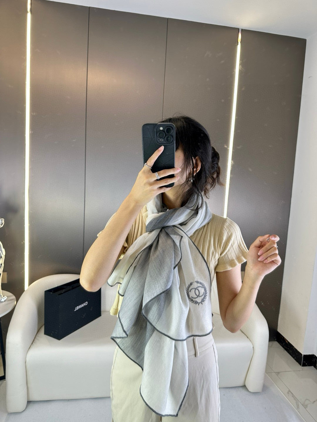 CC Scarf 200 CM In Light Grey Mix White Dark Grey Cashmere Silk 396448