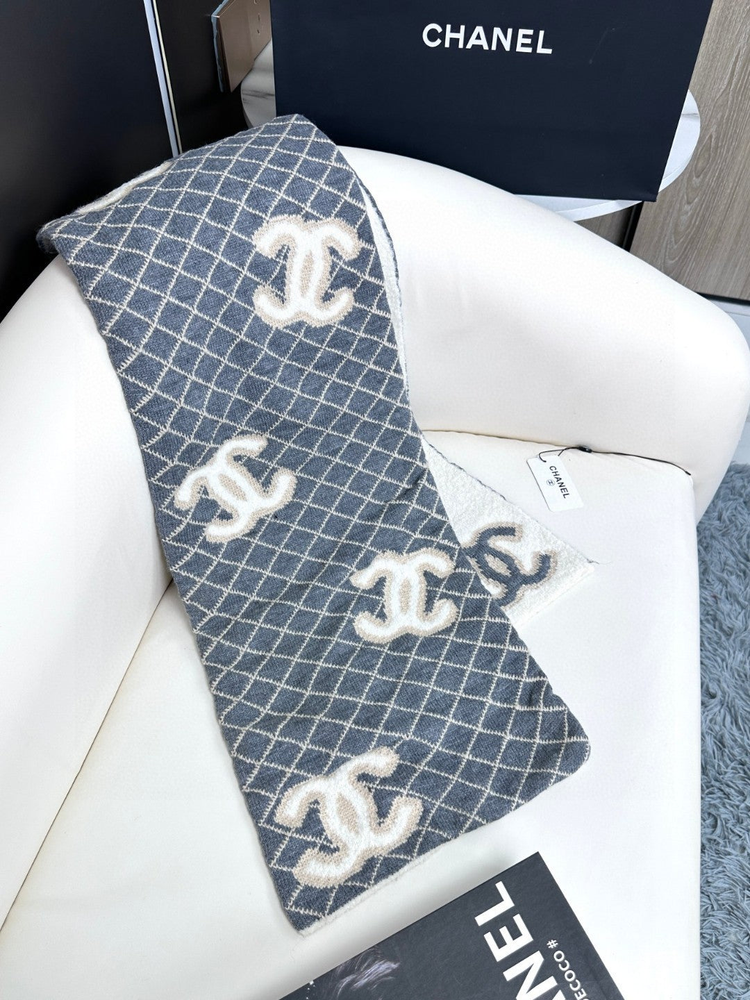 CC Scarf 185 CM In Grey Brown Mix White Cashmere Wool 410148