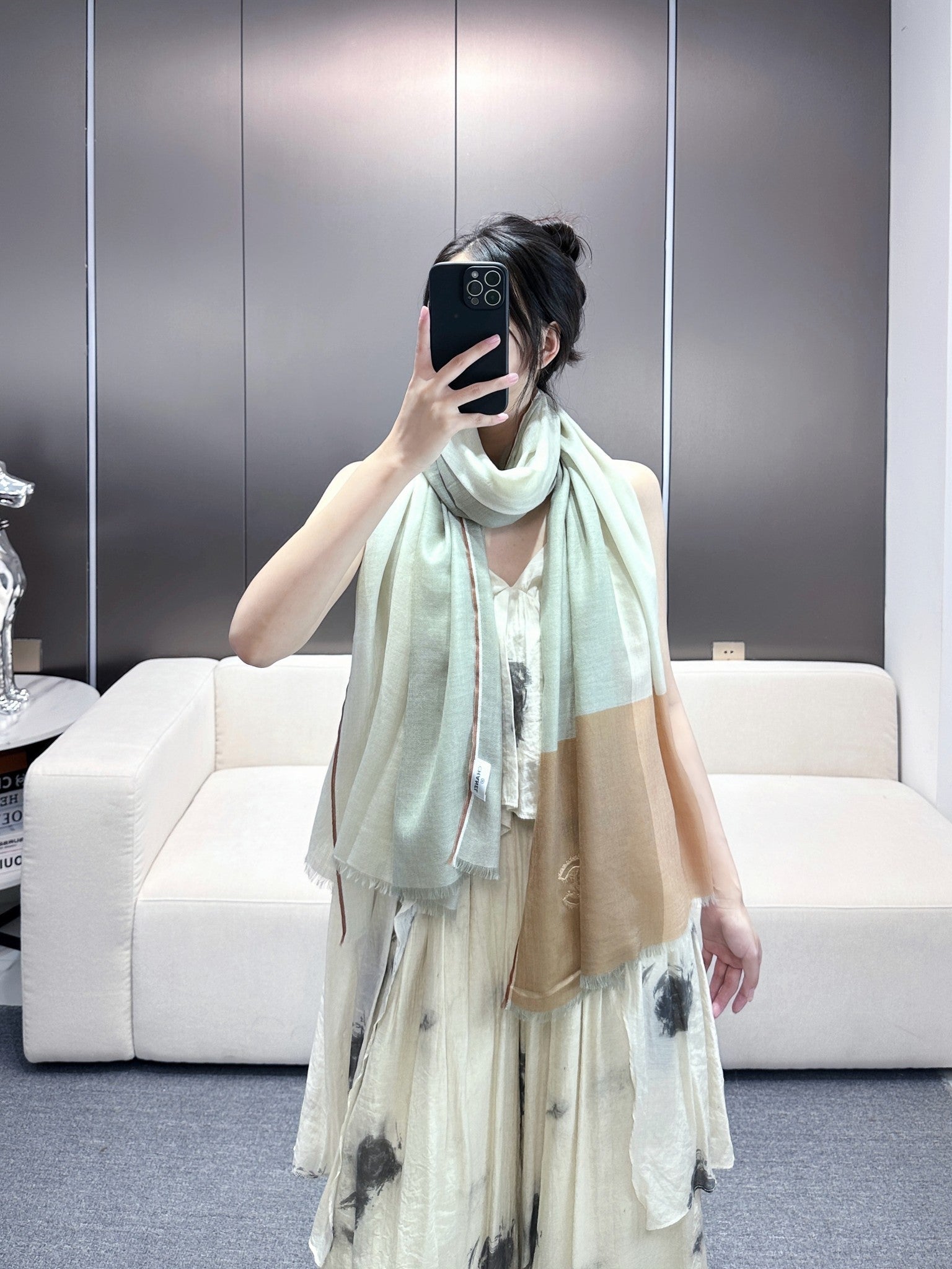 CC Scarf 200 CM In Light Grey Mix Light Brown Beige Linen Fabric 418195