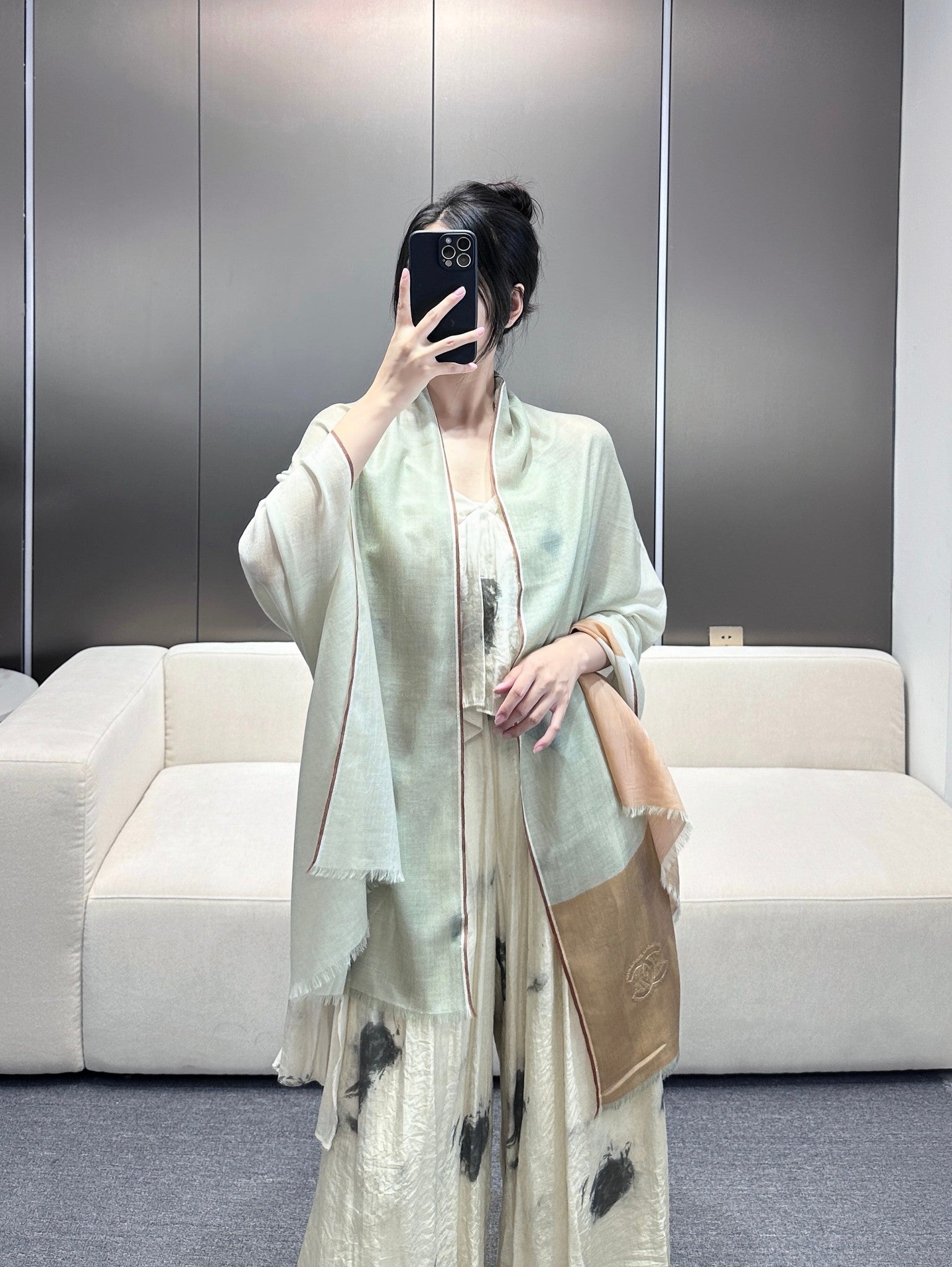 CC Scarf 200 CM In Light Grey Mix Light Brown Beige Linen Fabric 418195