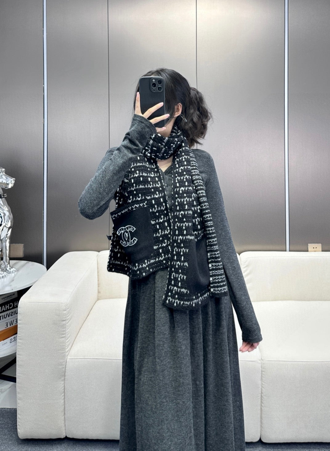CC Scarf 180 CM In Black White Cashmere 421359