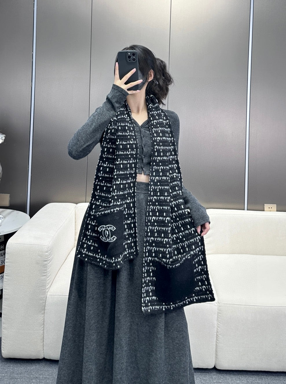 CC Scarf 180 CM In Black White Cashmere 421359