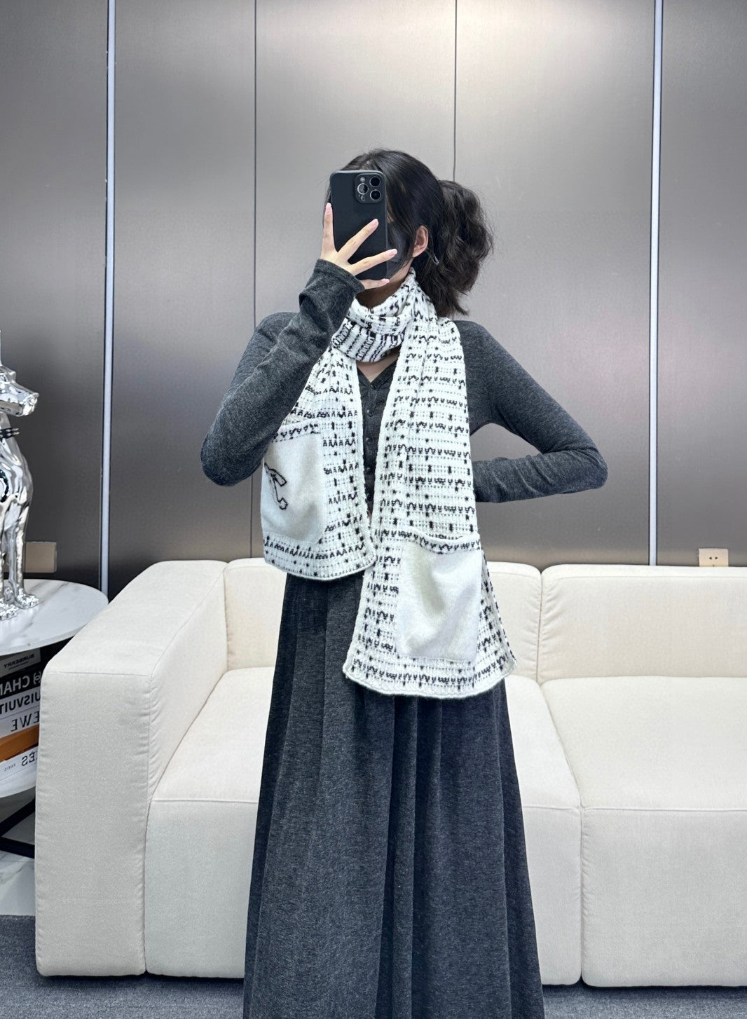 CC Scarf 180 CM In White Black Cashmere 421360