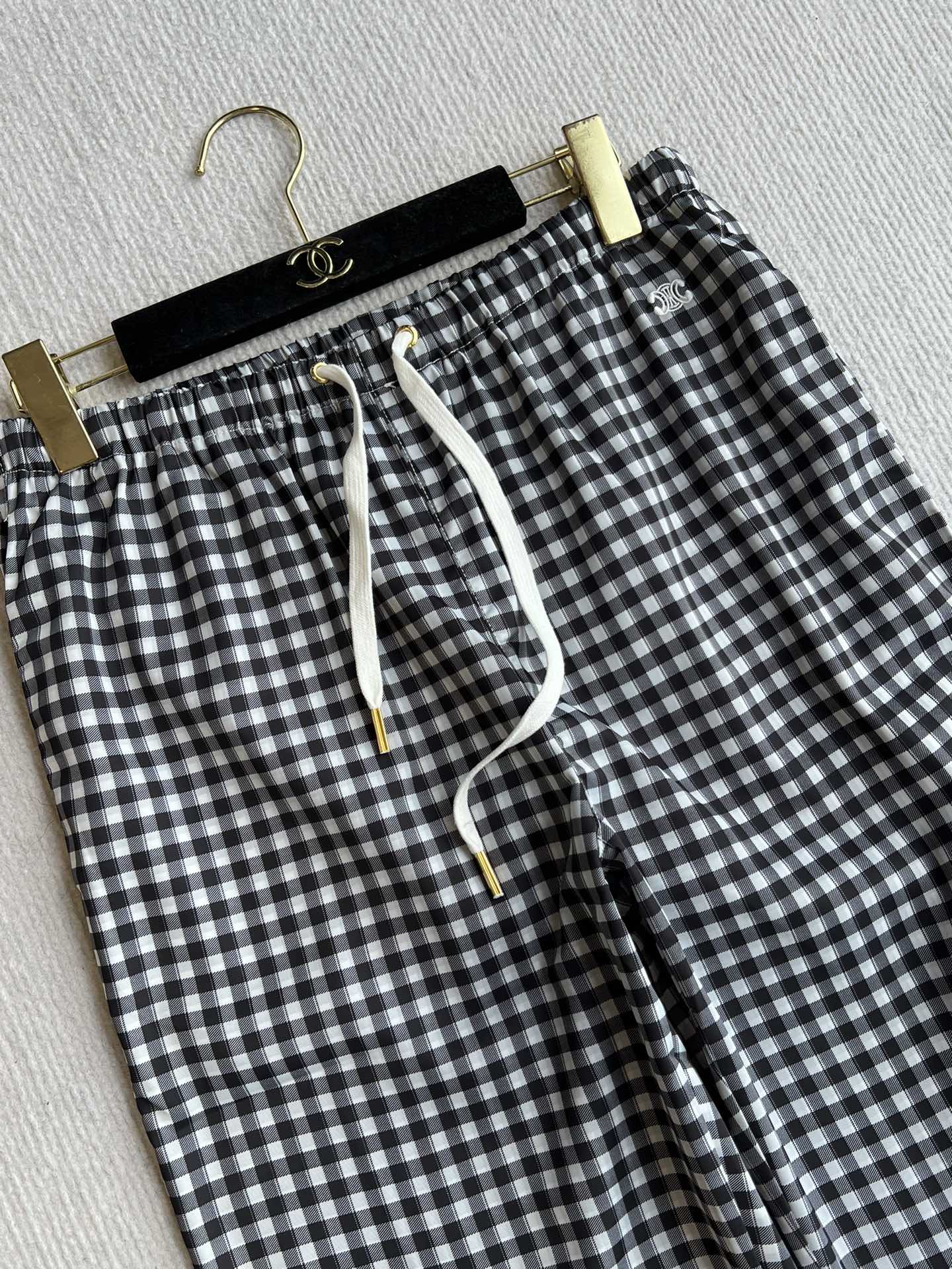 Celine 25 Arc de Triomphe Plaid Casual Pants Black White Polyester
