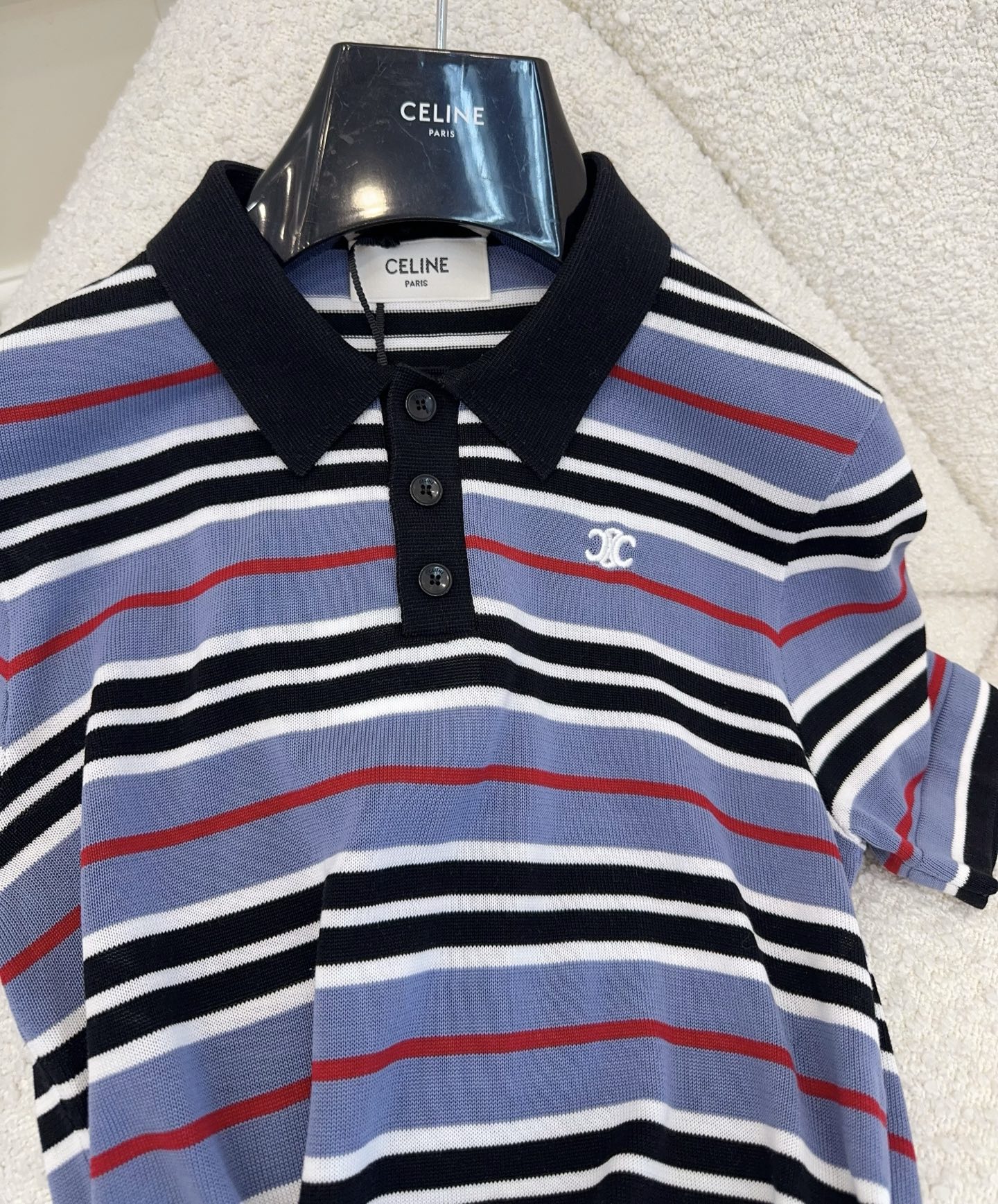 Celine 2025 Striped Polo Shirt Blue Black White Cotton