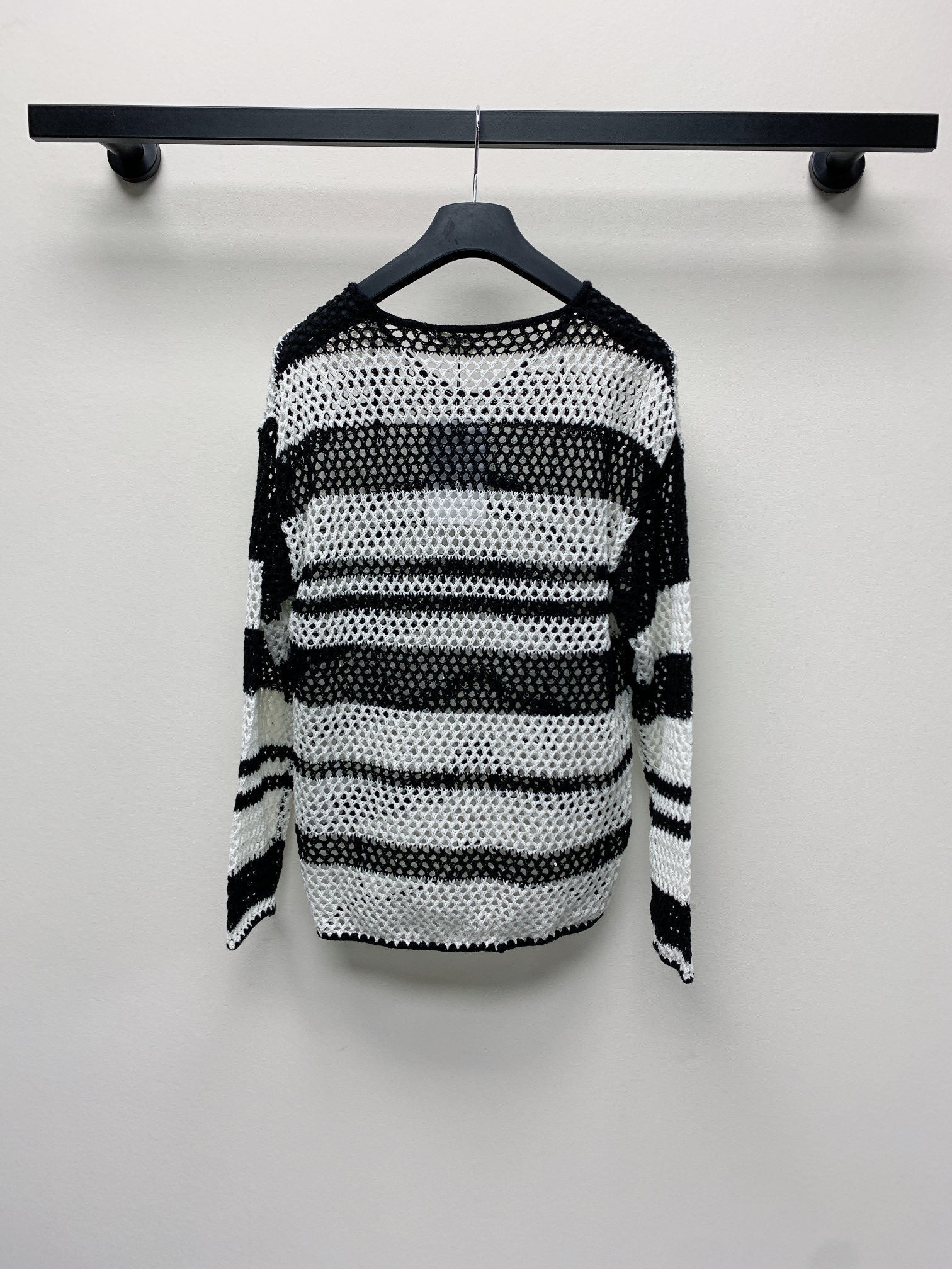 Celine 25  Hollow Crochet Cardigan Black White Wool Polyester 277568