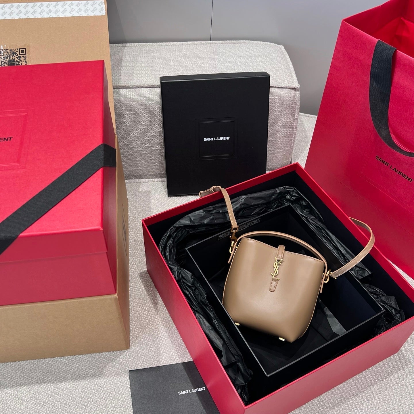 YSL Mini Bucket Bag 15 Taupe Calfskin Leather