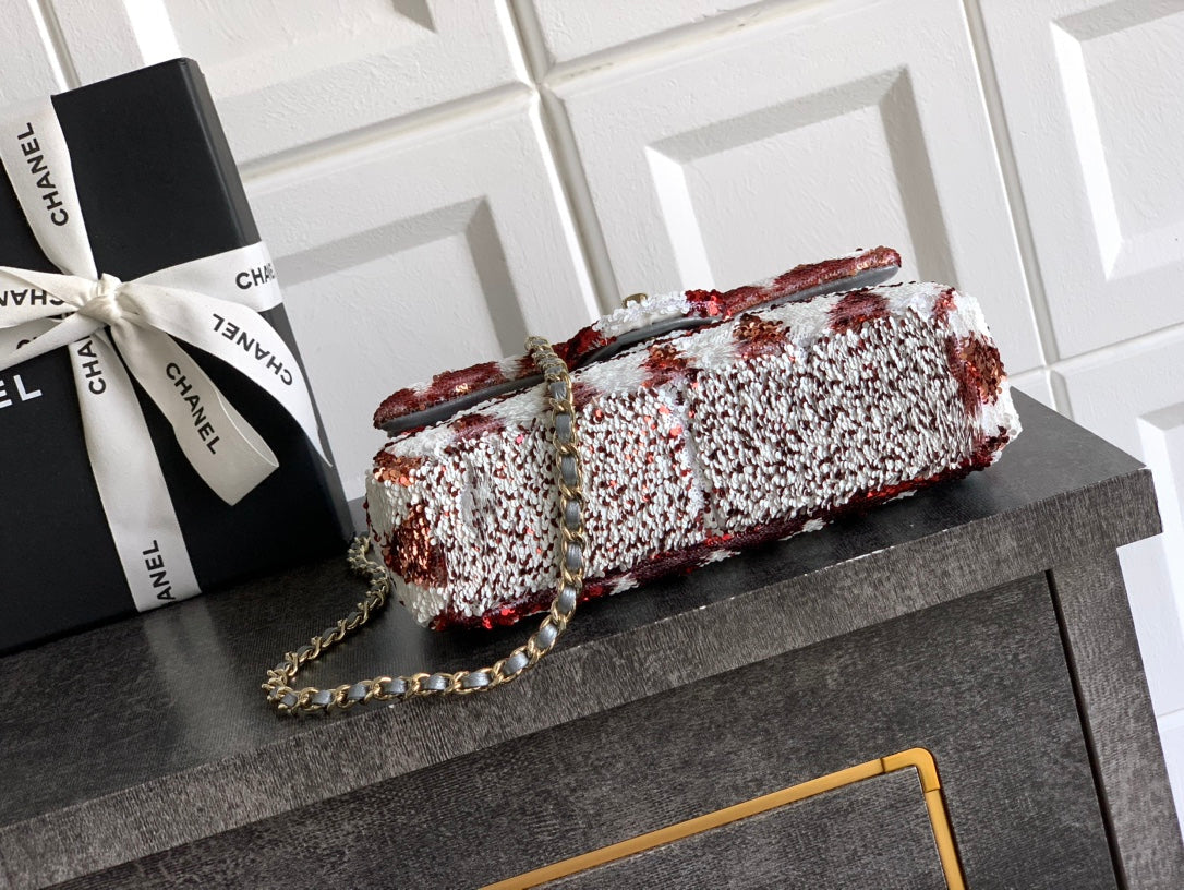 Chanel 2026 Flap Bag 20cm Red mix White Sequin Leather