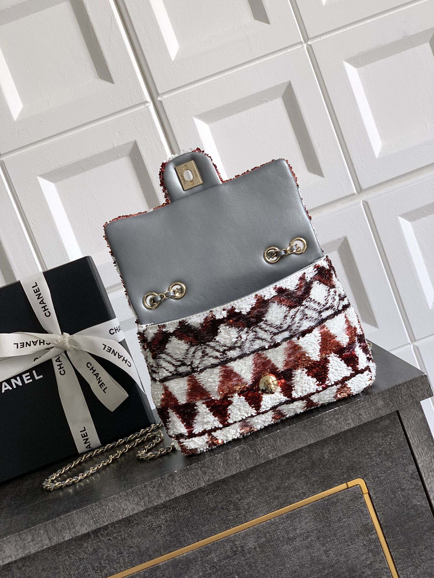 Chanel 2026 Flap Bag 20cm Red mix White Sequin Leather