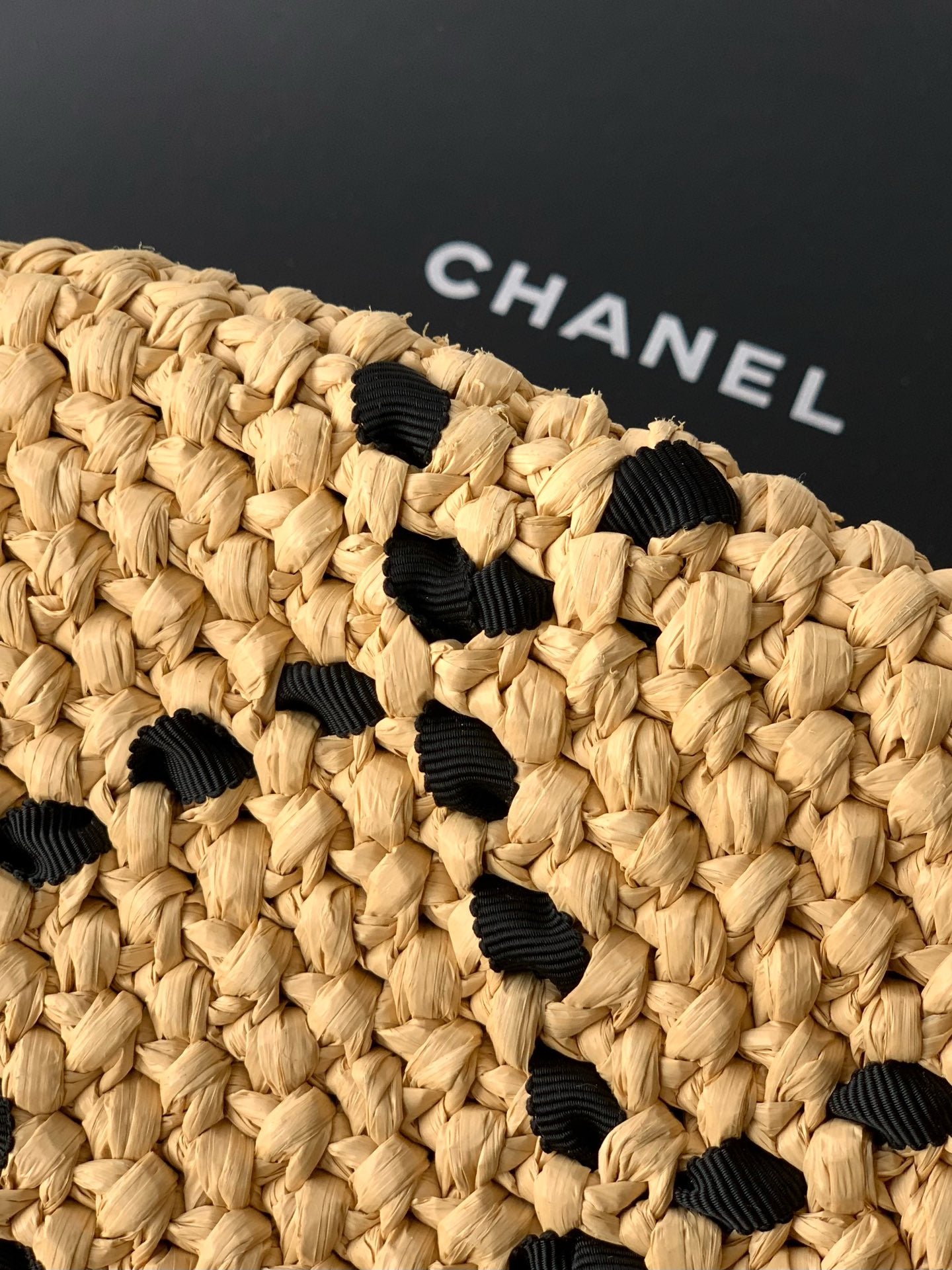 CC Braided Shopping Bag Double C logo Beige Black Raffia