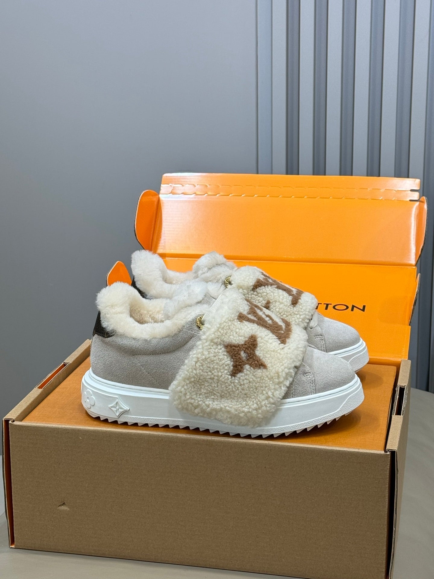 LV 25 Velcro Furry Sneakers Light Gray Beige Suede Wool 576951