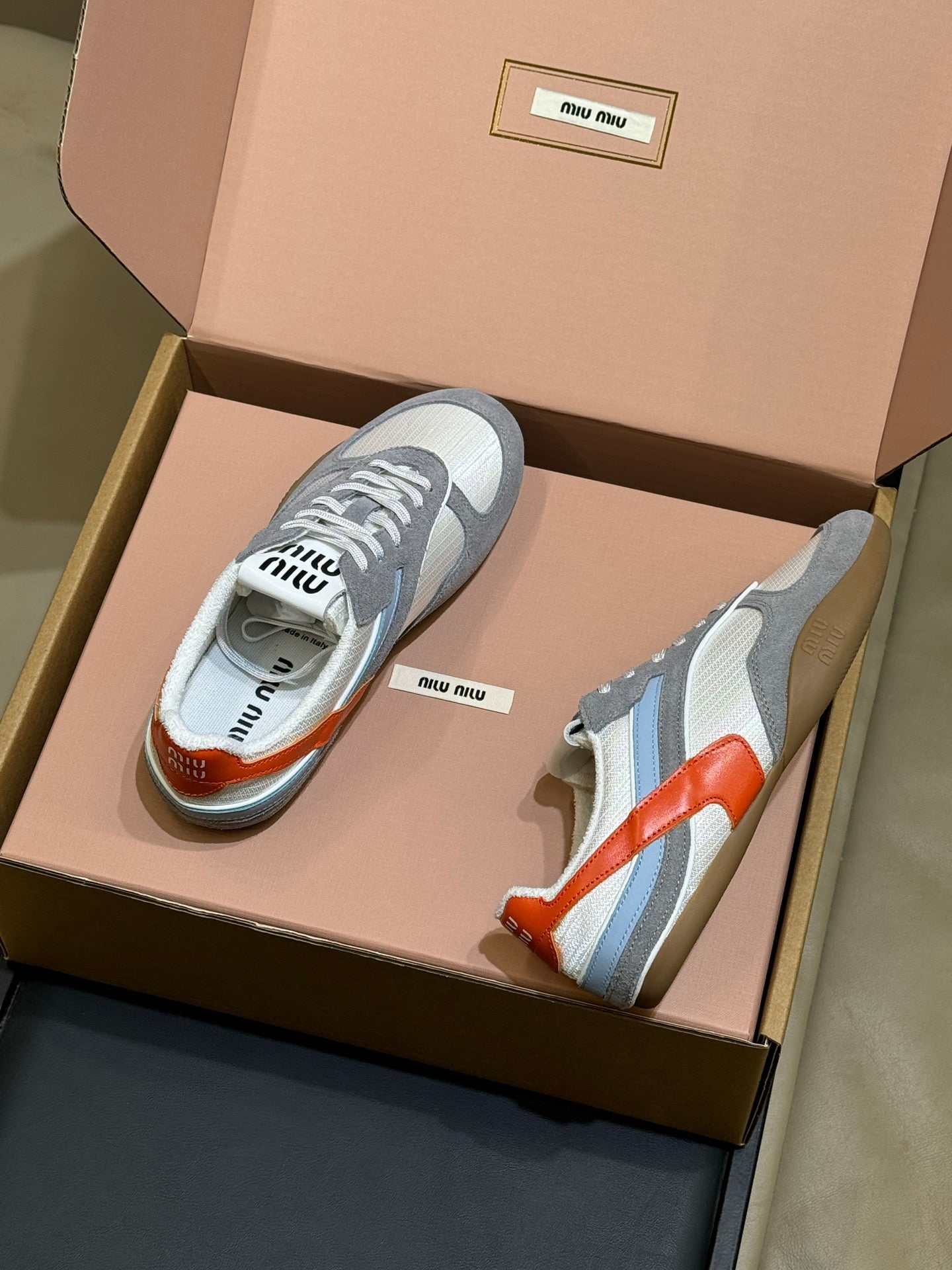 Miu Miu 2026 Tyre Sneaker White Orange Grey Mesh Suede 621350