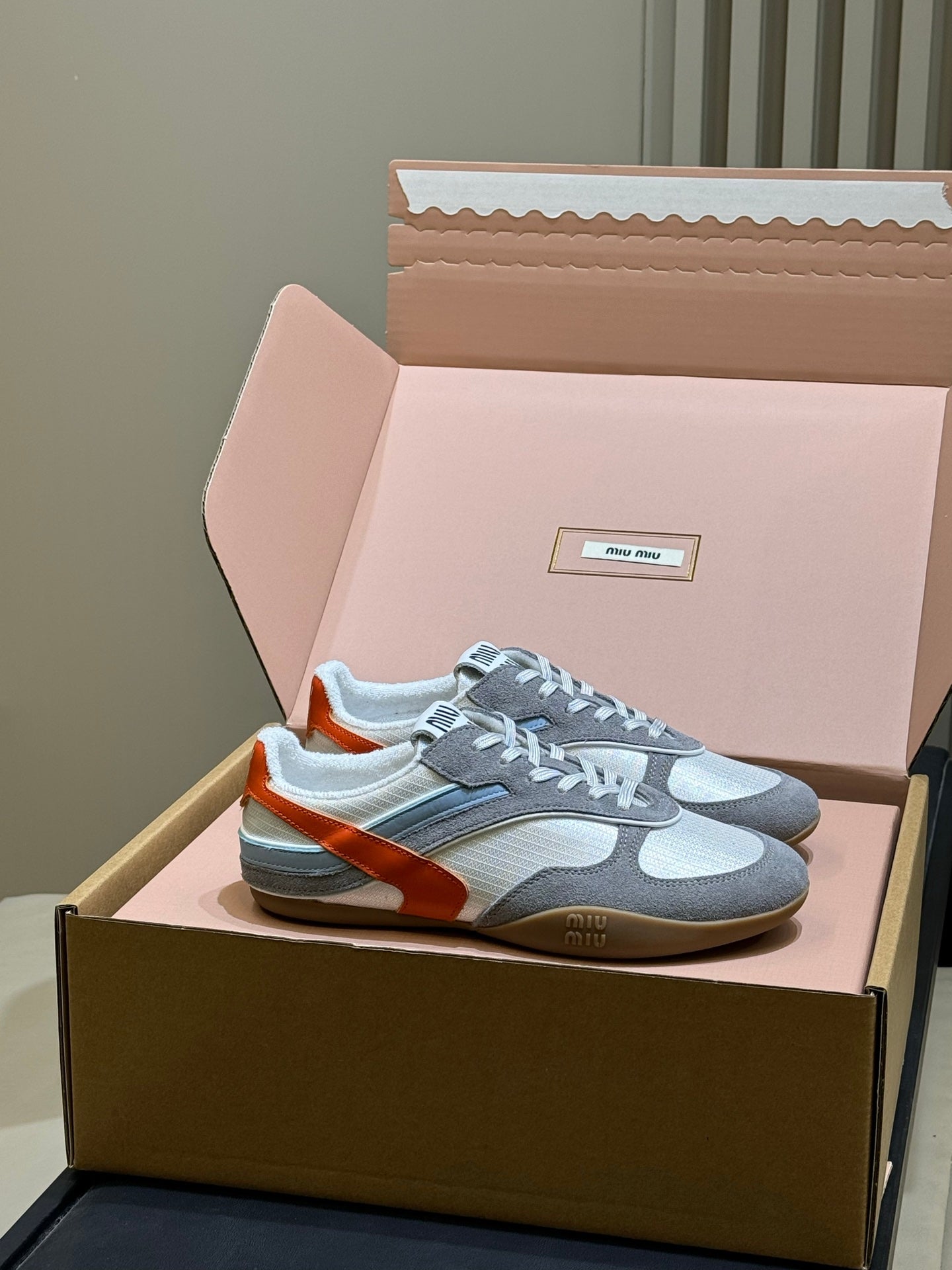 Miu Miu 2026 Tyre Sneaker White Orange Grey Mesh Suede 621350