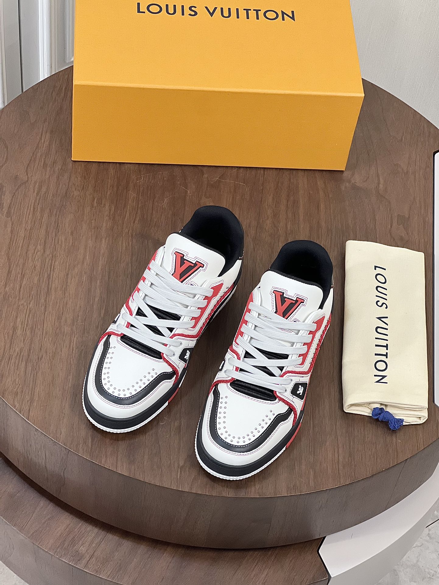 LV TRAINER WHITE MIX BLACK AND RED MONOGRAM CALFSKIN