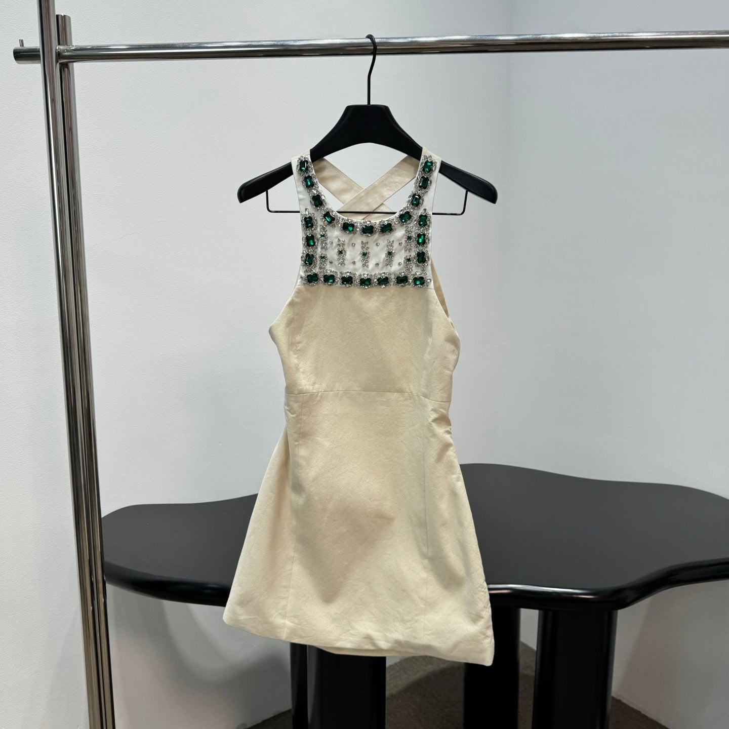 Miumiu 2026 Rhinestone Dress Cream Green Cotton
