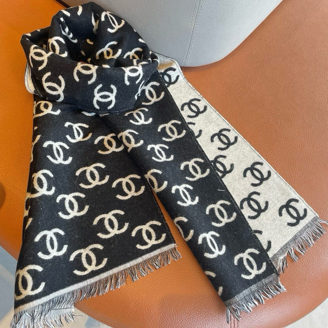 CC Scarf 180 CM In Black Mix White Print Logo Cashmere And Wool 413631