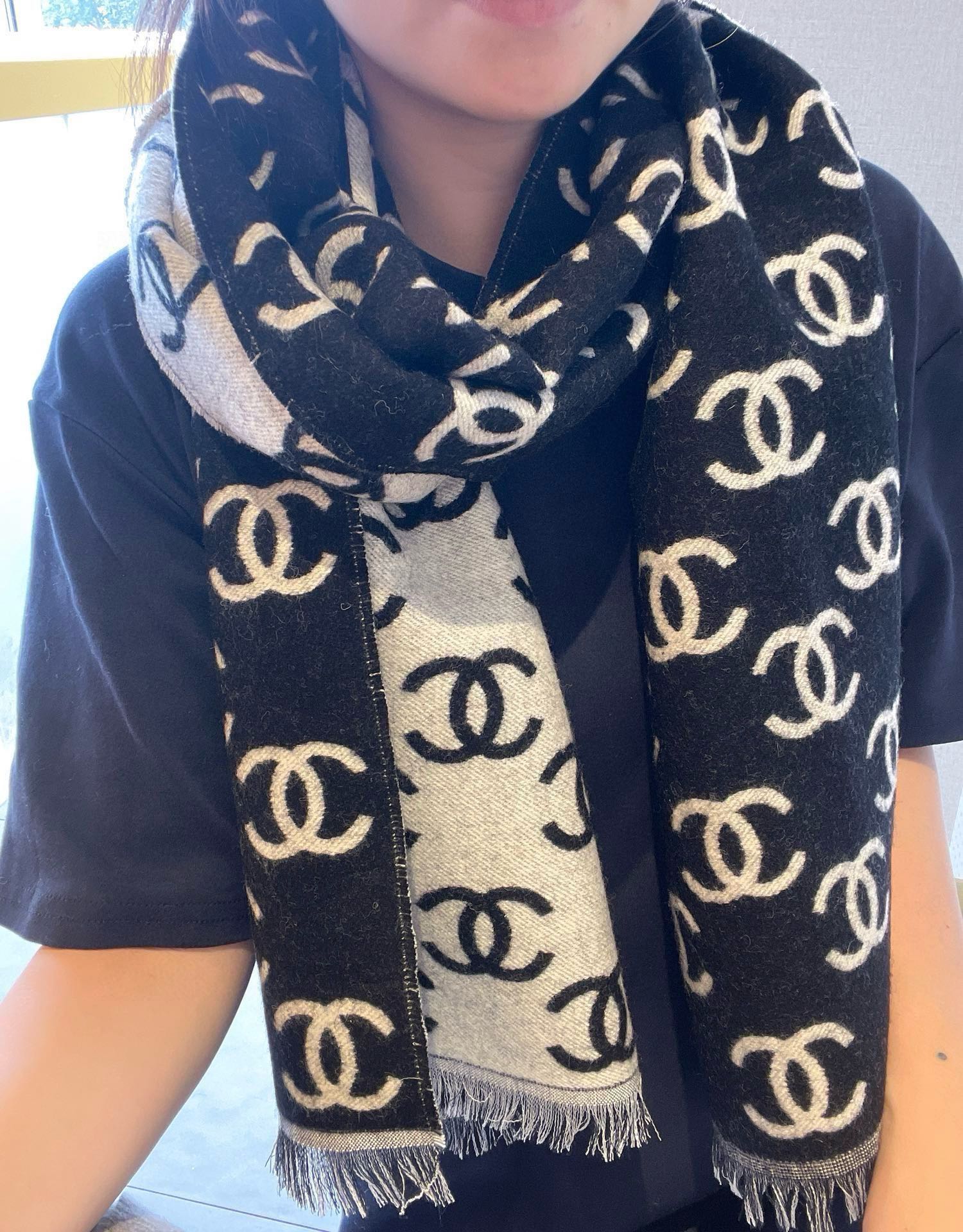 CC Scarf 180 CM In Black Mix White Print Logo Cashmere And Wool 413631