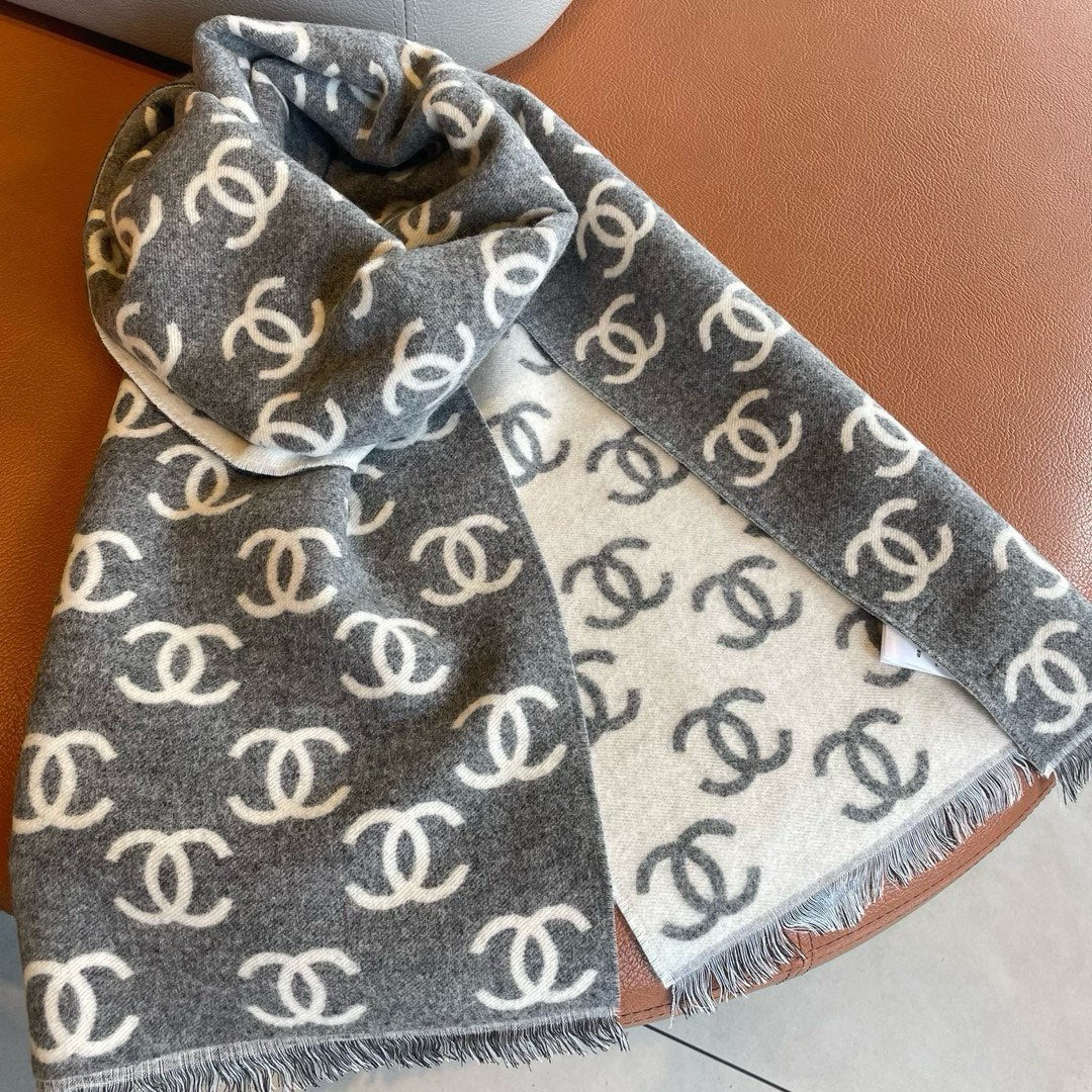 CC Scarf 180 CM In Grey Mix White Print Logo Cashmere And Wool 413632