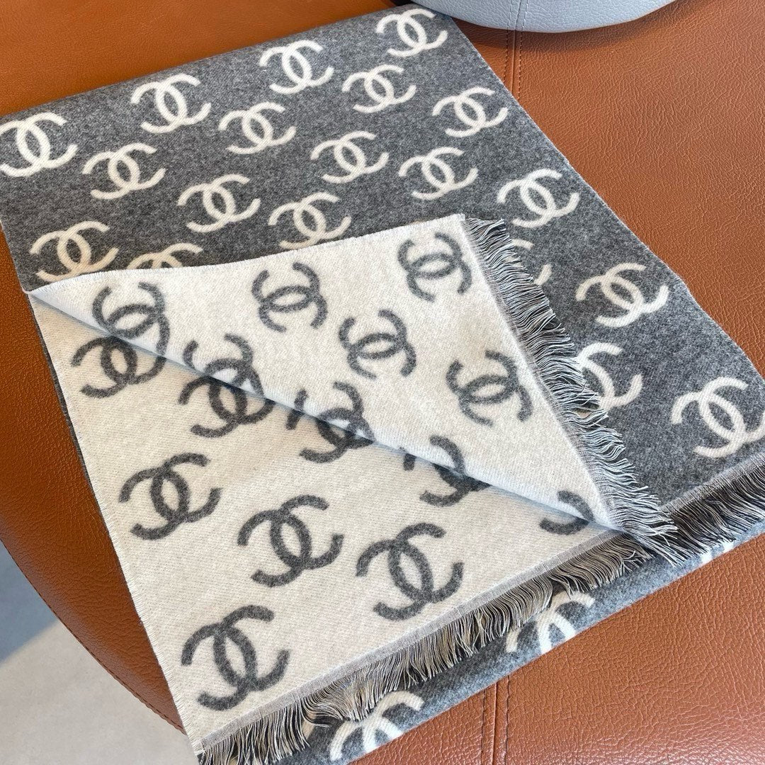 CC Scarf 180 CM In Grey Mix White Print Logo Cashmere And Wool 413632
