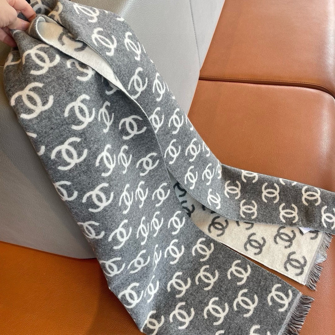 CC Scarf 180 CM In Grey Mix White Print Logo Cashmere And Wool 413632