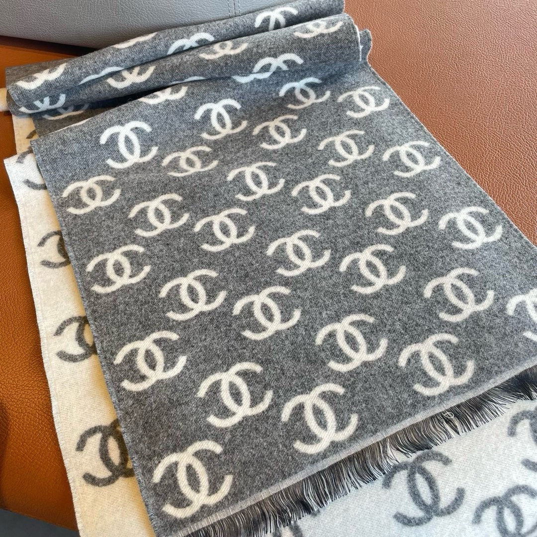 CC Scarf 180 CM In Grey Mix White Print Logo Cashmere And Wool 413632