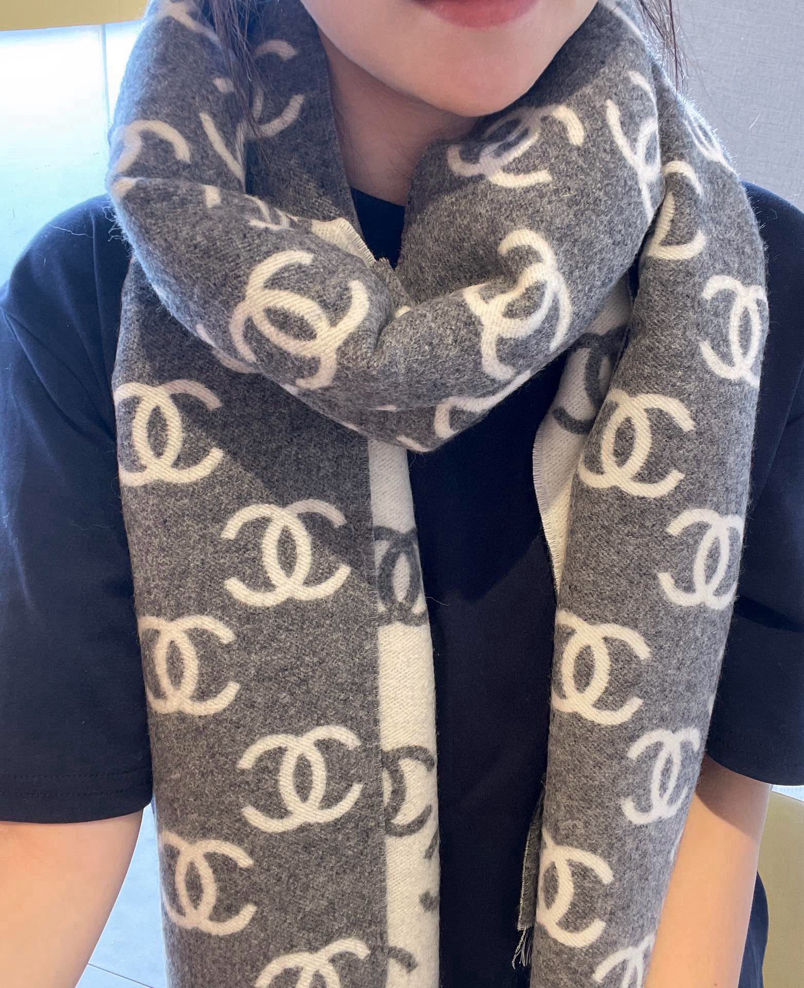 CC Scarf 180 CM In Grey Mix White Print Logo Cashmere And Wool 413632