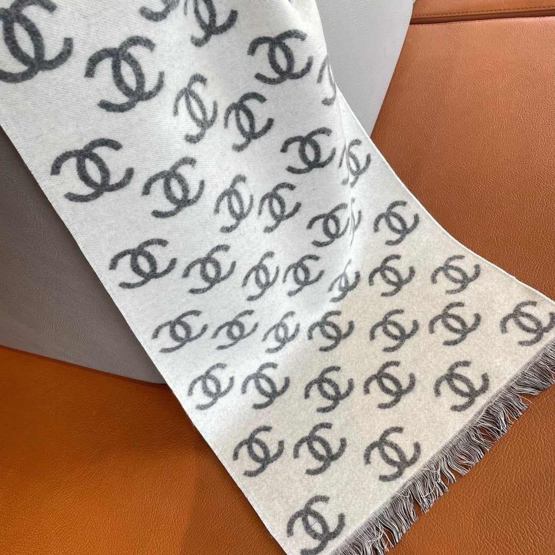 CC Scarf 180 CM In Grey Mix White Print Logo Cashmere And Wool 413632