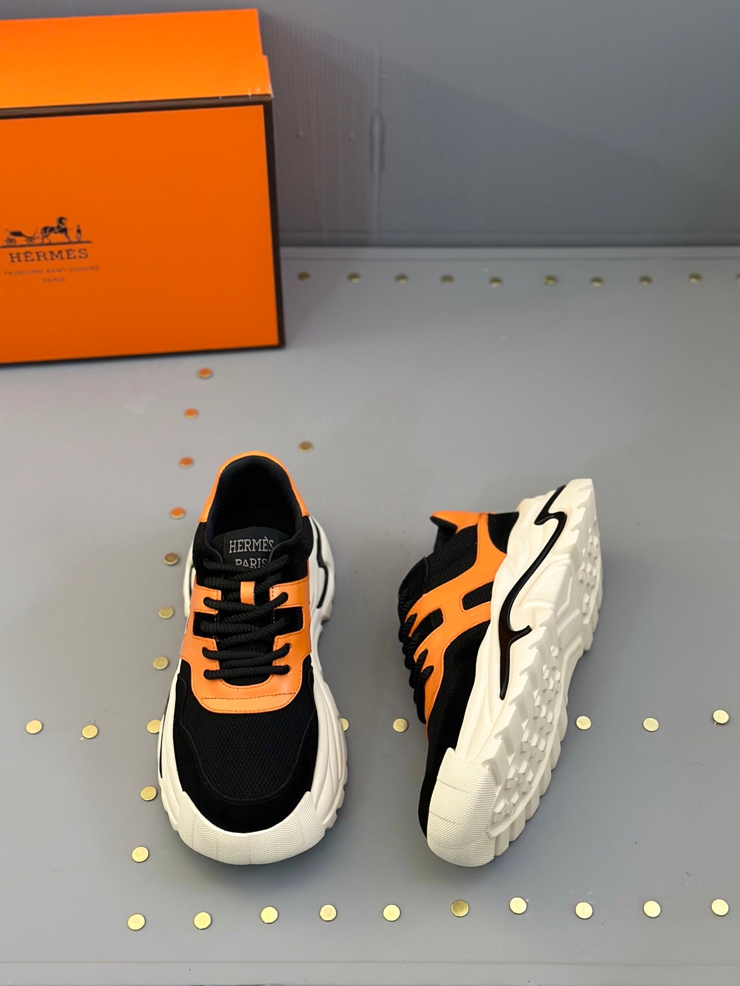 HM Men's Sneaker Black Orange Mesh Calfskin 541264