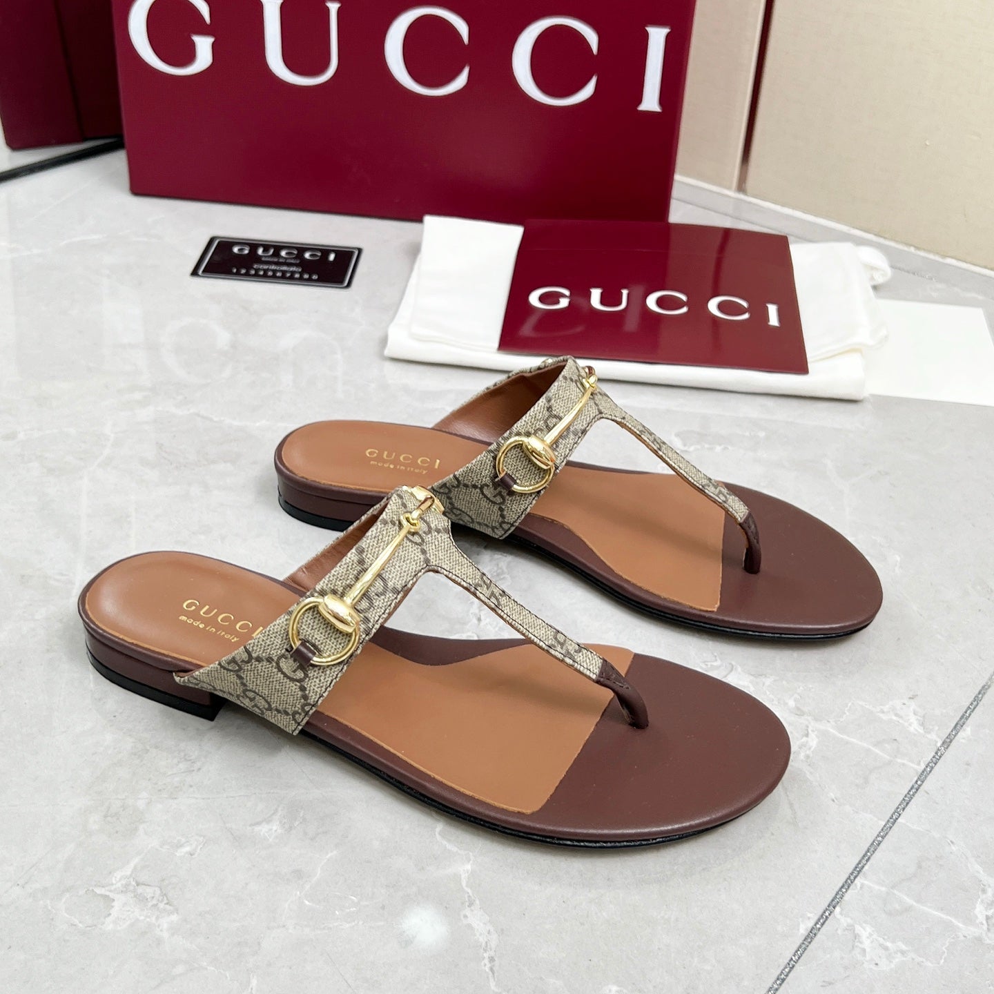 GC 25 Horsebit Thong Sandals Brown Canvas Leather 293854