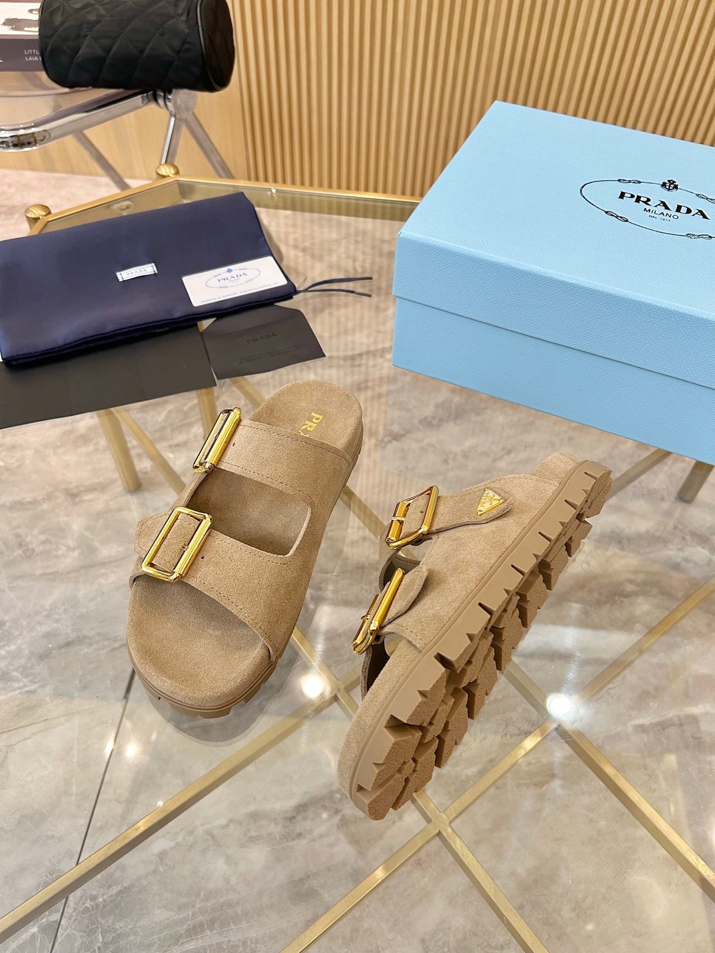 Prada 2026 Retro Triangle-Logo Sandals Suede 778905