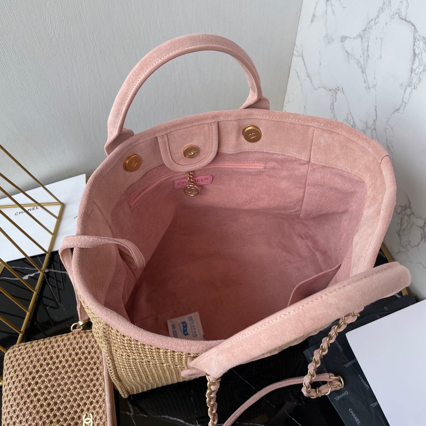 CC 25 Deauville Tote Bag 34cm Beige Pink Crochet Suede