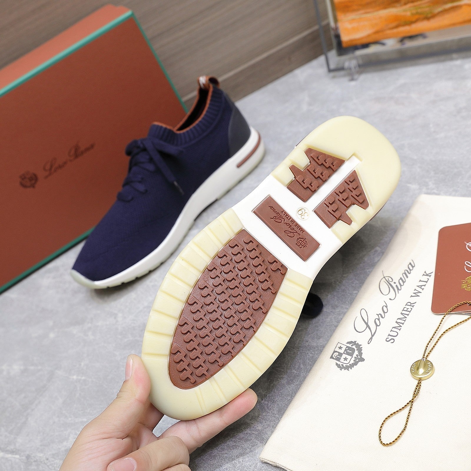 LP lady Flexy Walk Sneaker Navy Blue mix Orange Wool and  Calfskin 310450