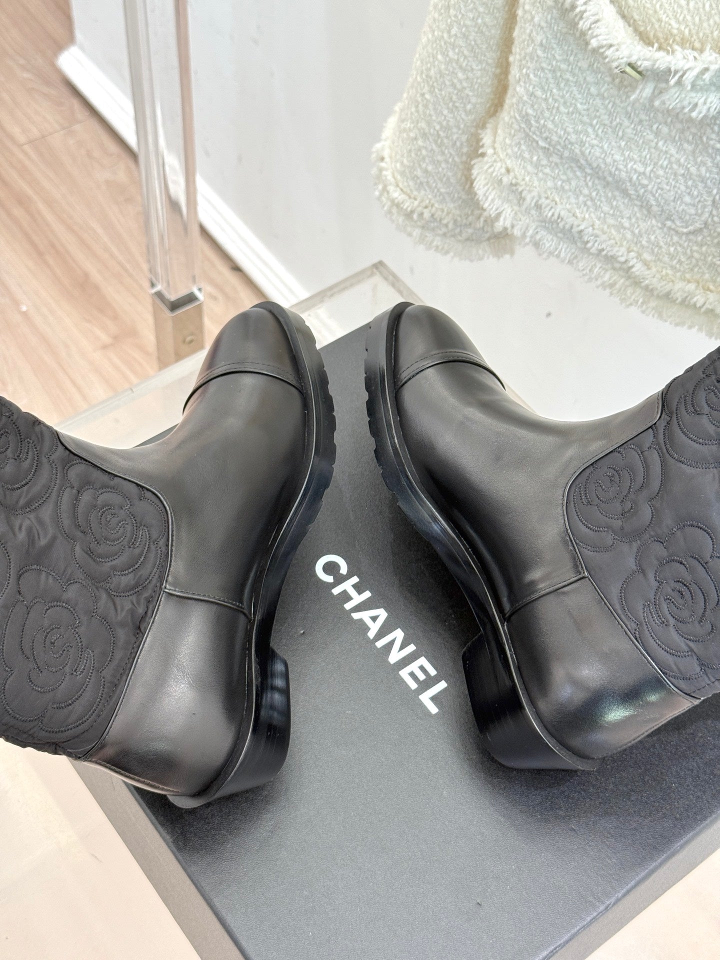 CC cowboy mid-calf boots black sheepskin denim fabric 511980