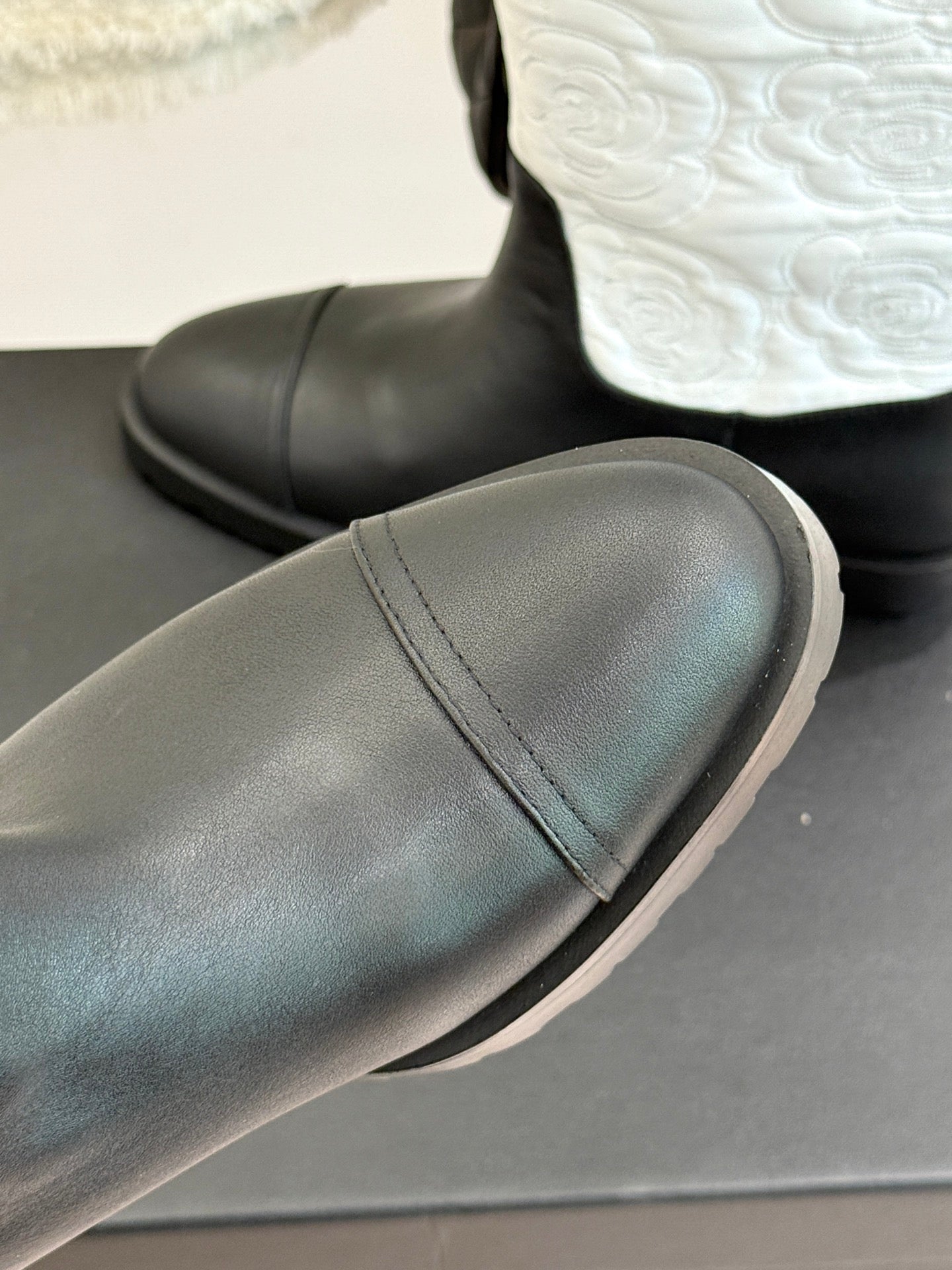 CC cowboy mid-calf boots black white sheepskin denim fabric 511981