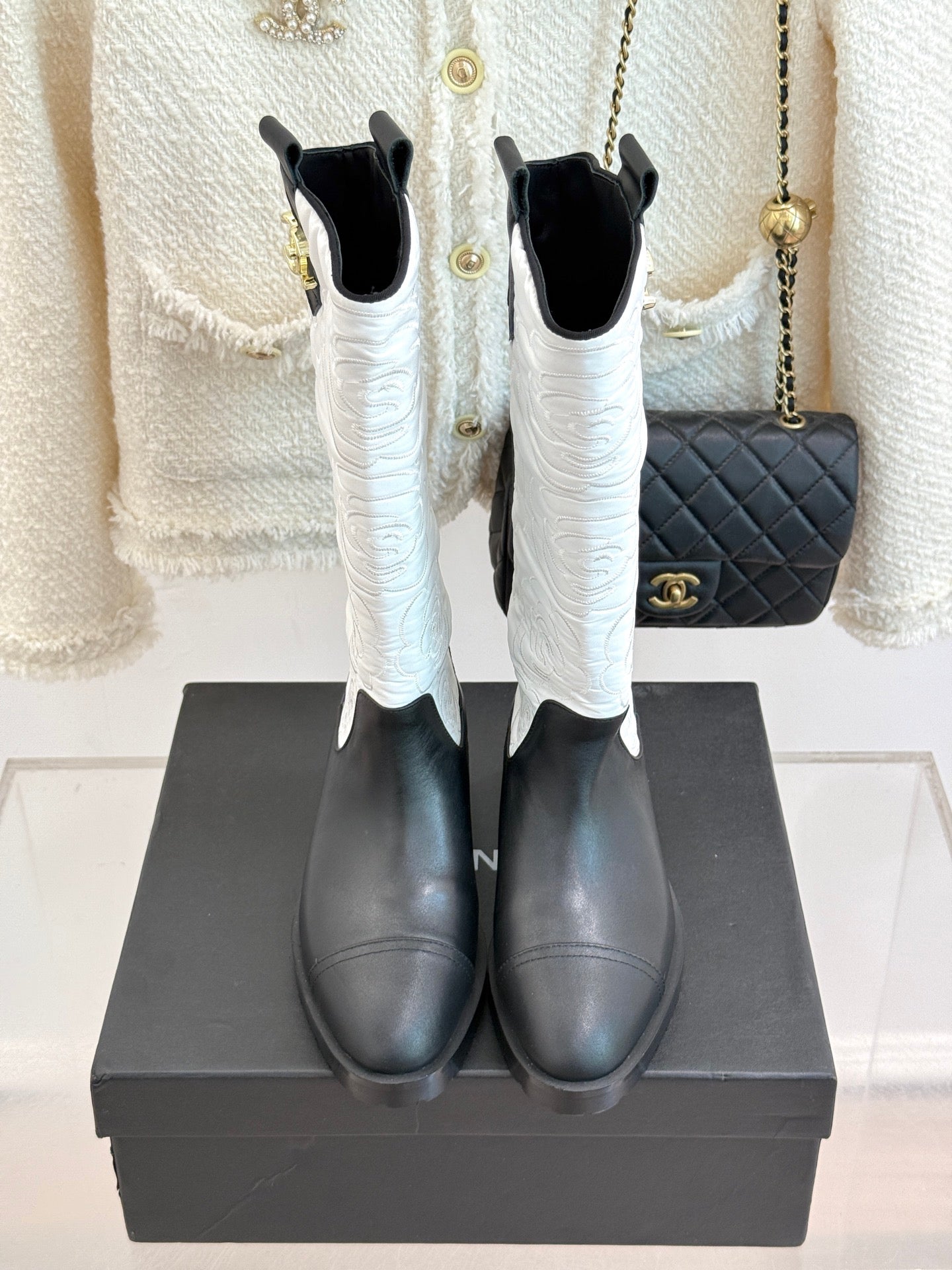 CC cowboy mid-calf boots black white sheepskin denim fabric 511981