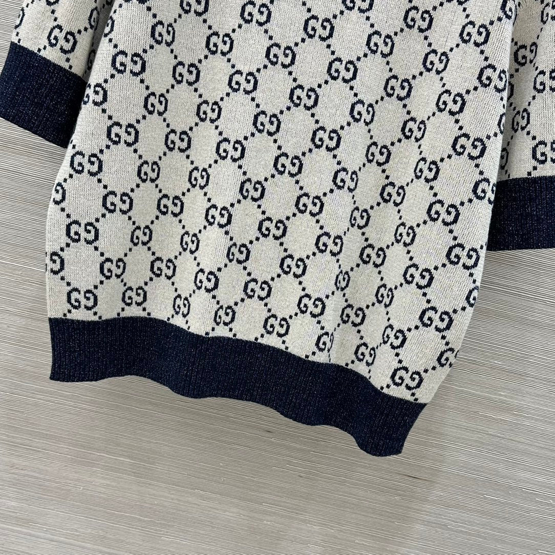 Gucci 2025 Knitted Round Neck Short-sleeved Top Blue Gray Cotton