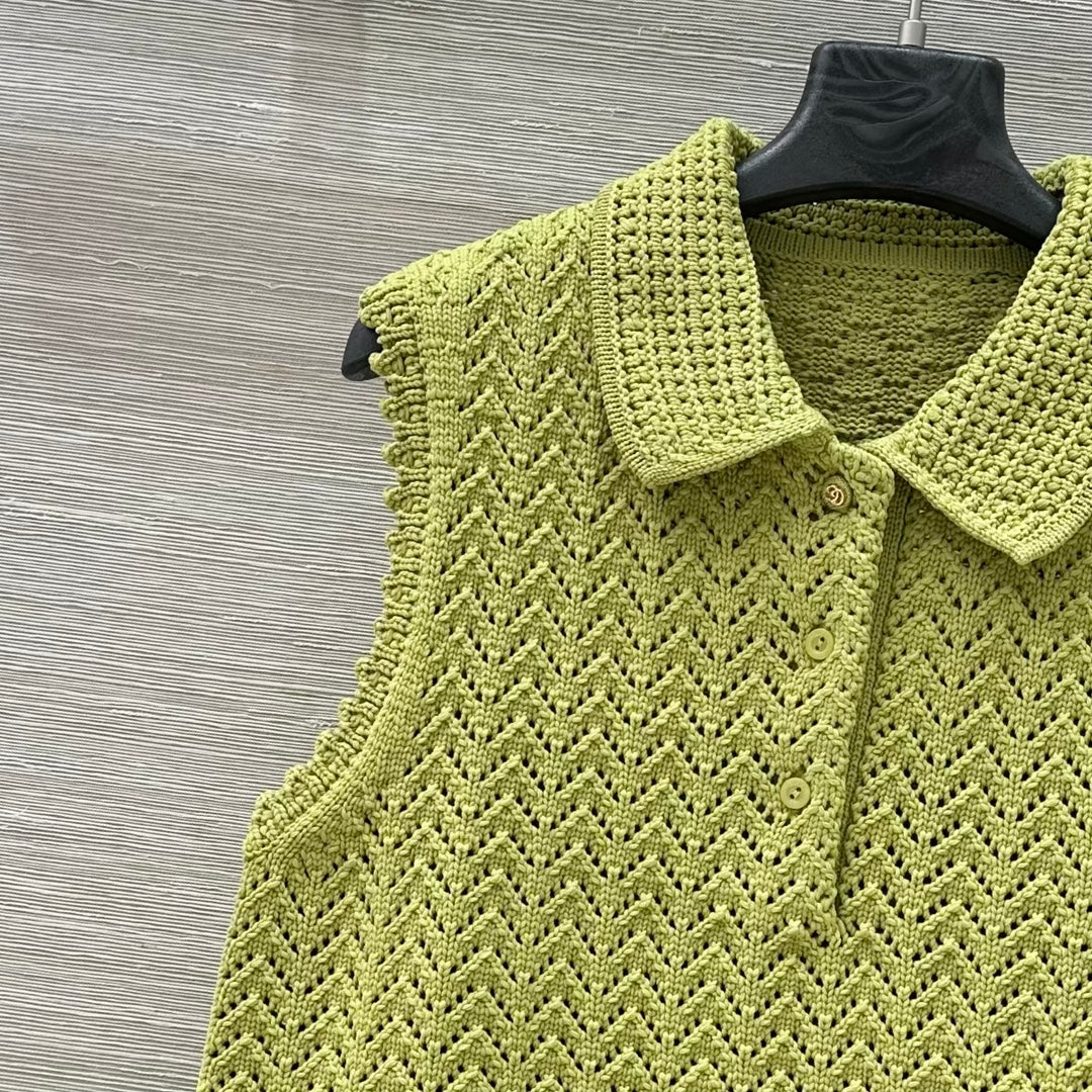 Gucci 25 Hollow Knitted Polo Vest Dress Avocado Green Polyester Fiber