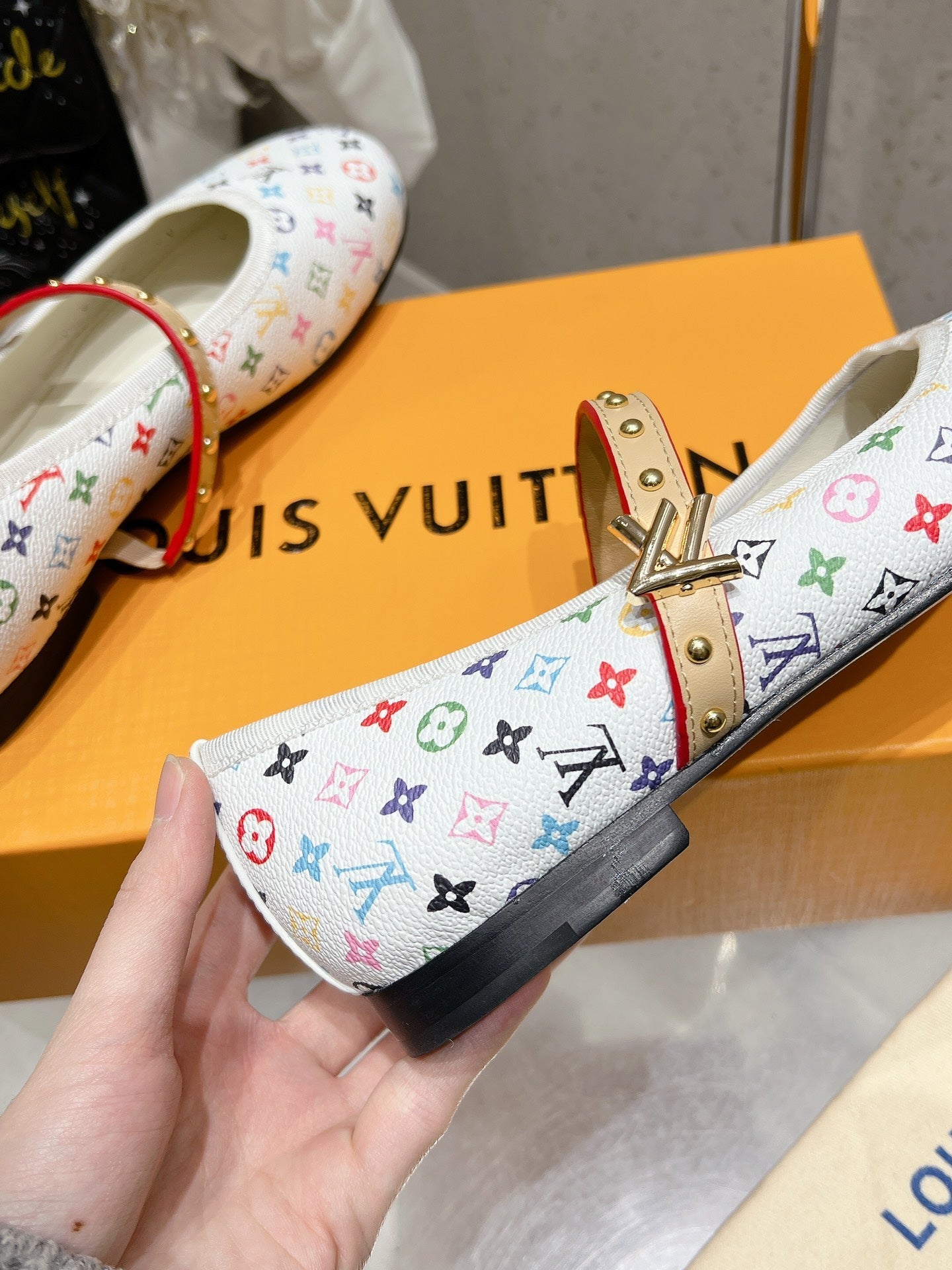 LV 26s Ballet Flats White Multicolor Monogram Leather 610842