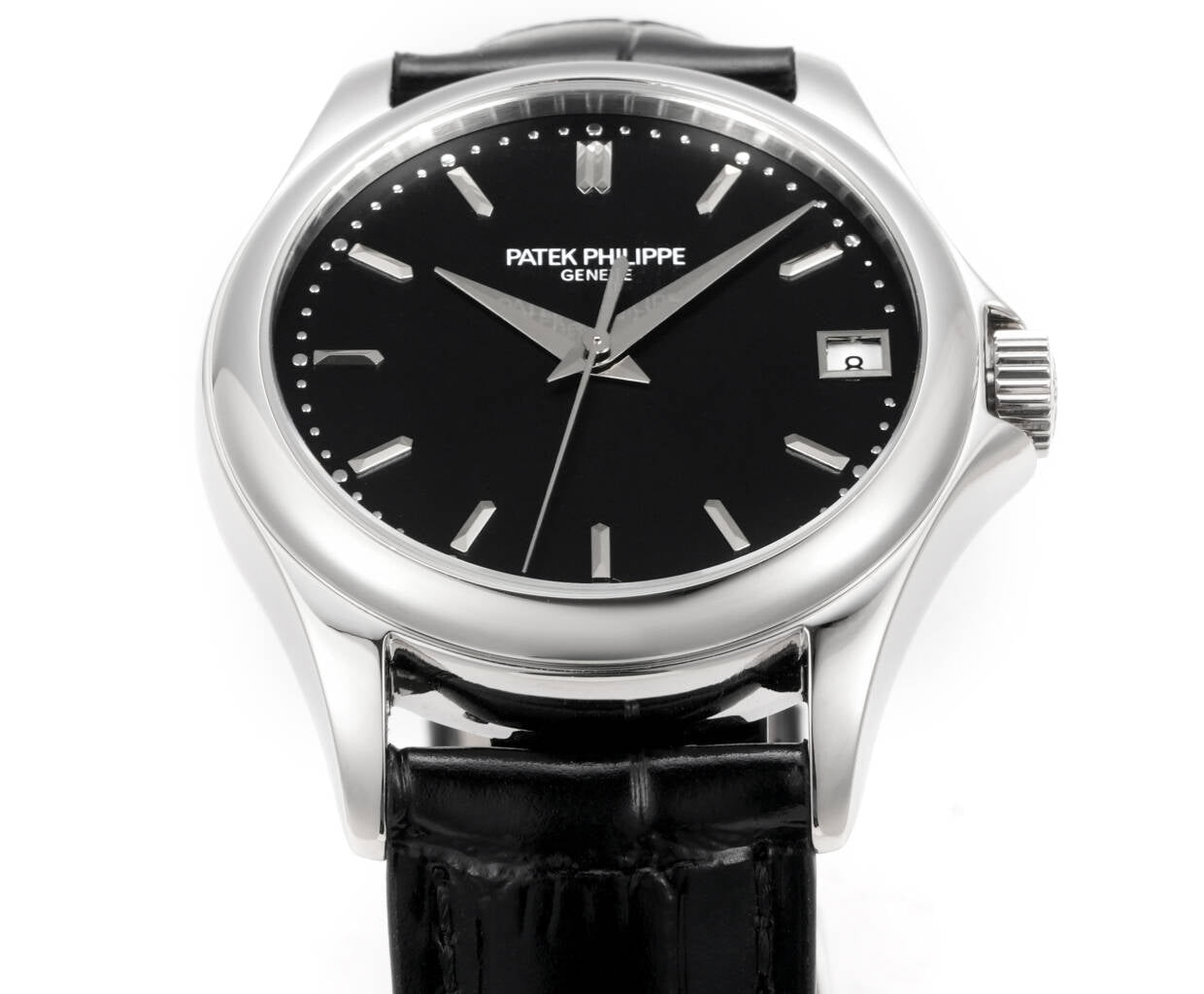 Patek Philippe Calatrava 37mm Black Dial Black Leather Strap