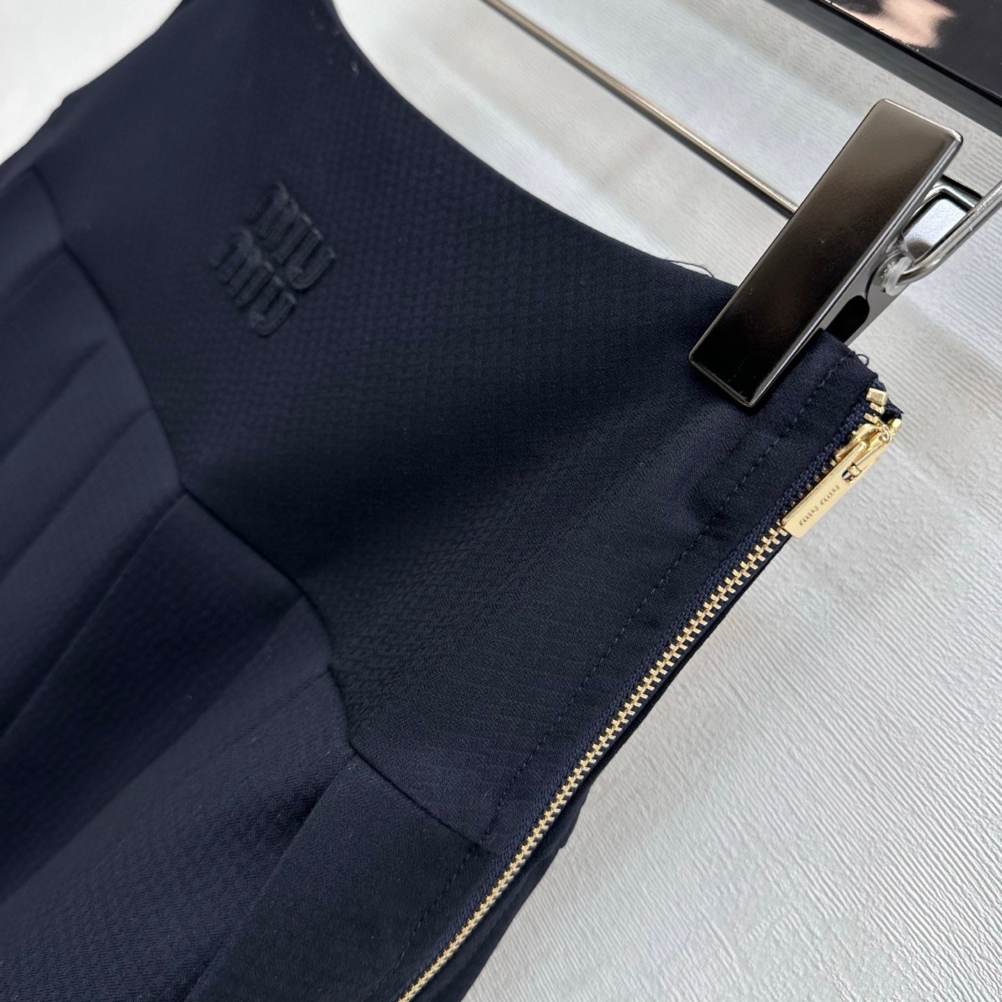 Miumiu 2026 Leather-buckled Pleated Midi Skirt Navy Blue Cotton 356069