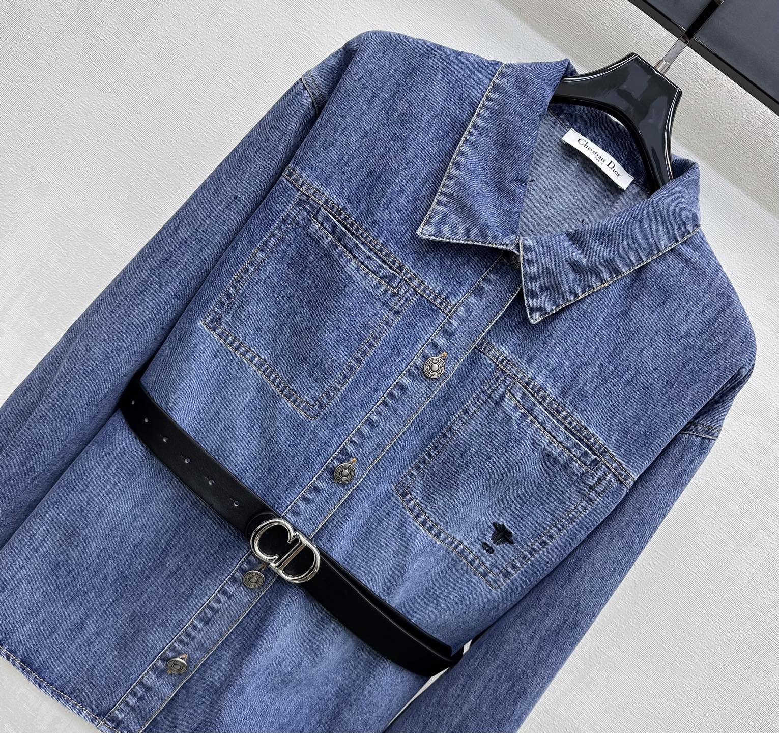 Dior 2026 Belted Denim Shirt With Black Belt Blue Cotton