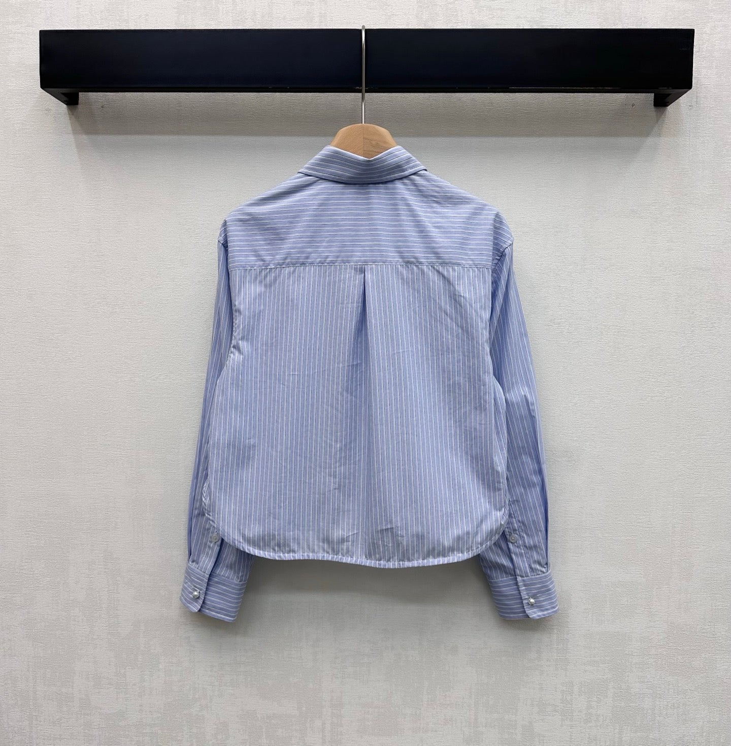 Chanel 2026 Pearl Button Chain Trim Short Shirt Blue Cotton 206642