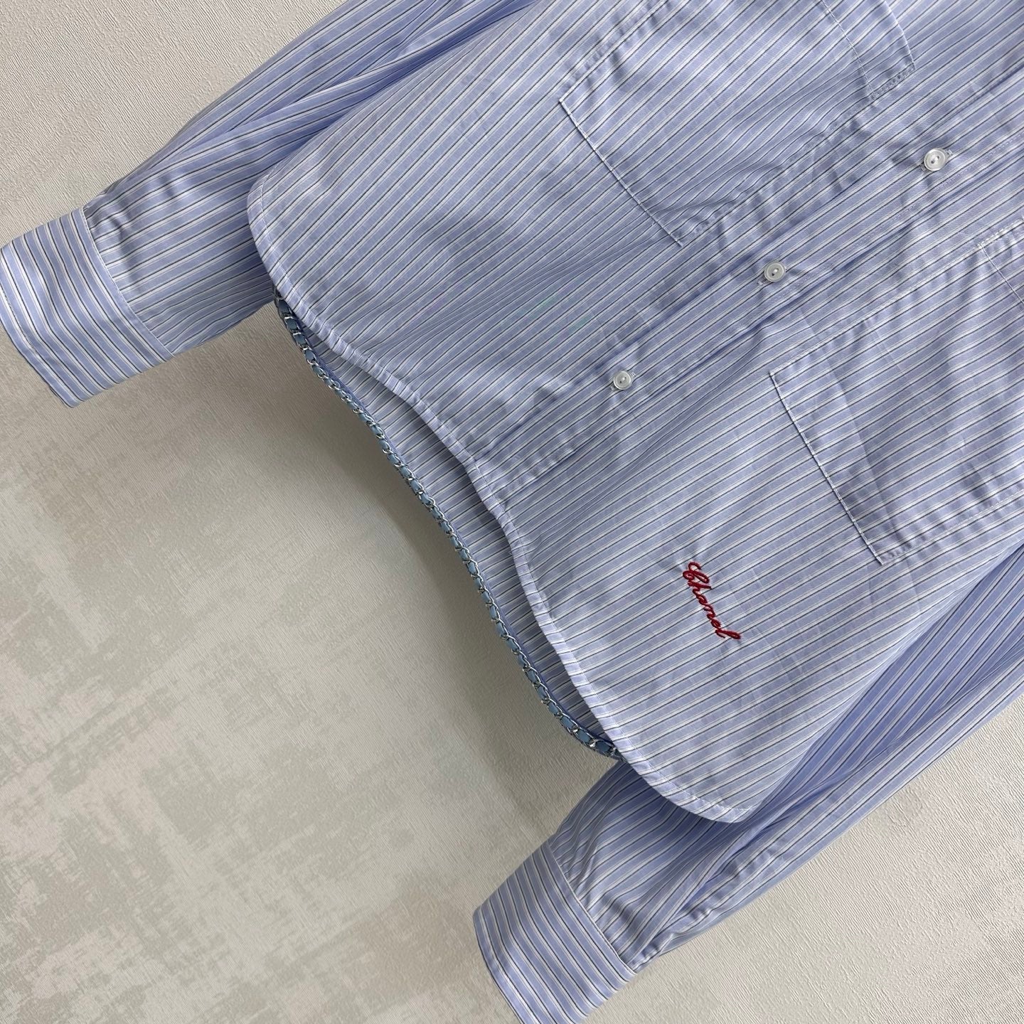 Chanel 2026 Pearl Button Chain Trim Short Shirt Blue Cotton 206642
