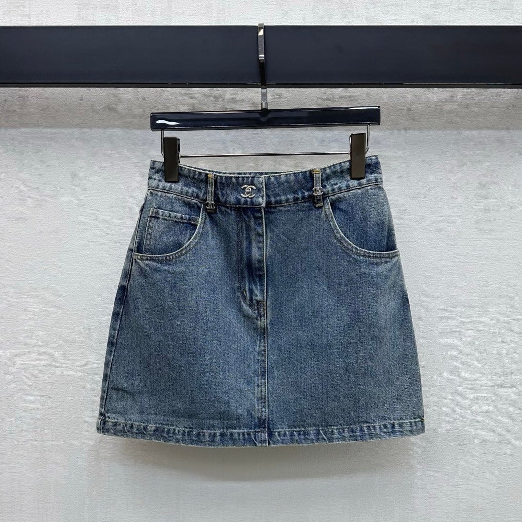 Chanel 2026  Logo Denim Midi Skirt Blue Cotton 239203