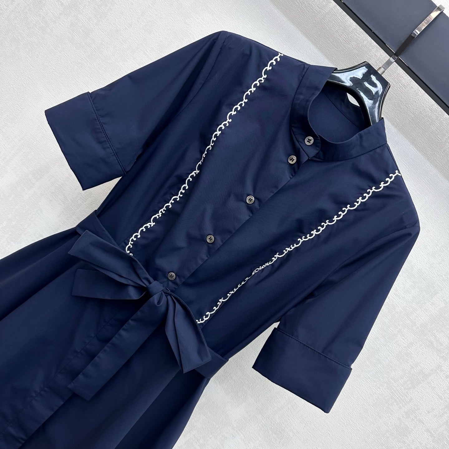 Dior 2026 Wave Embroidery Belt Dress Navy Cotton 627174