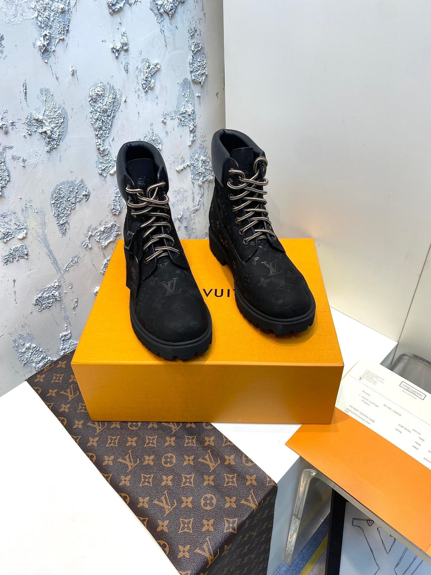 LV x Timberland Ankle Boots 35mm Black Monogram Suede
