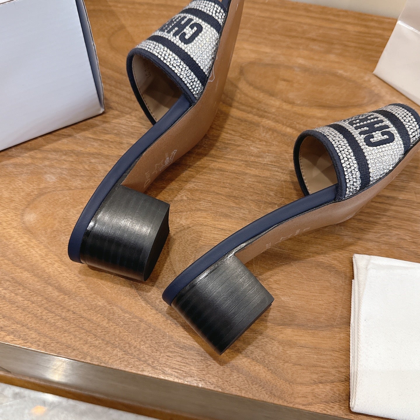 CD 26s Embroidered Sandals Navy Blue Canvas Leather 685606
