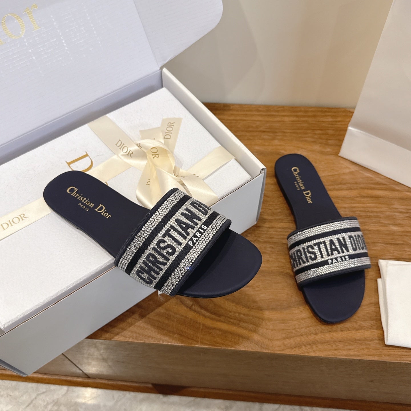CD 26s Embroidered Sandals Navy Blue Canvas Leather 685606