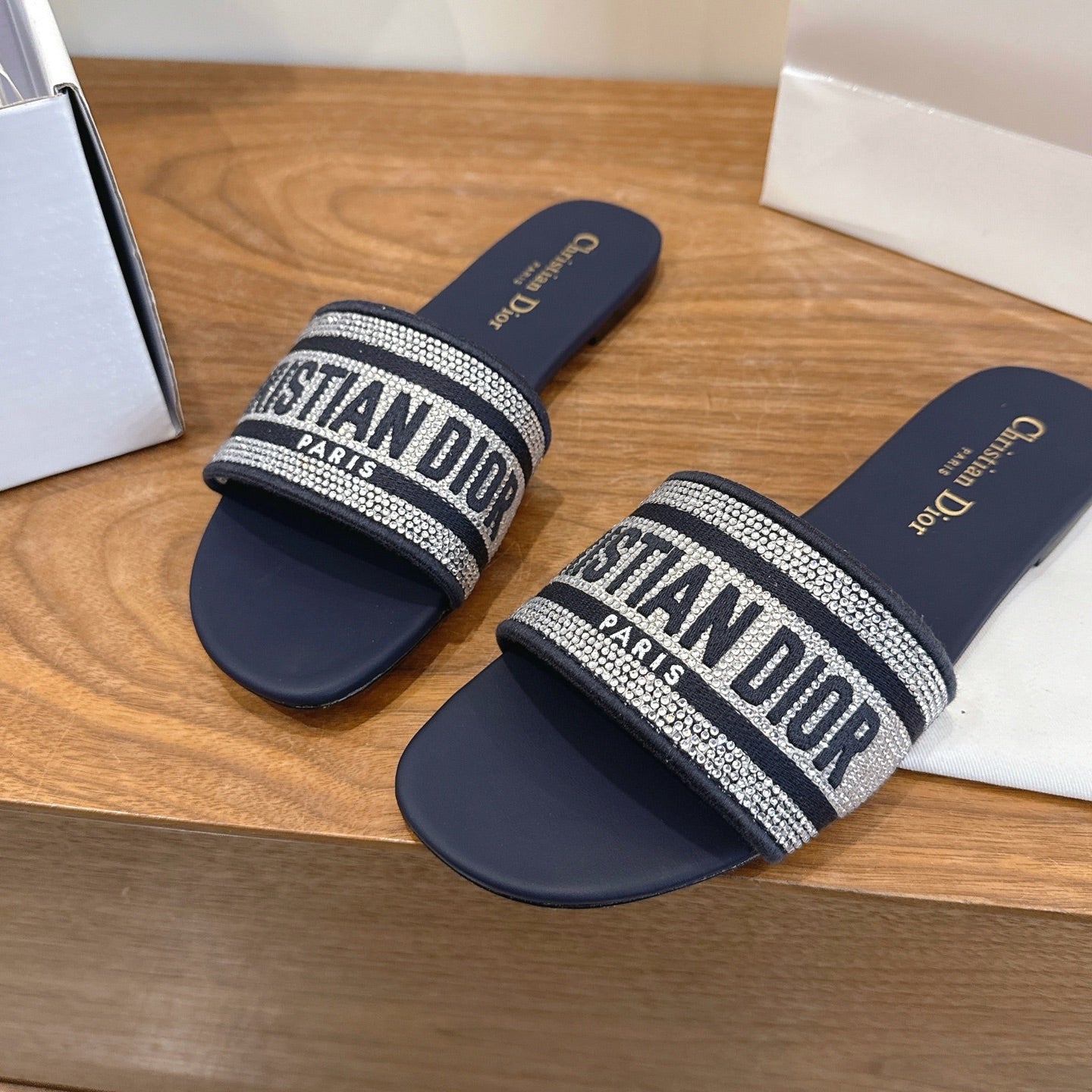 CD 26s Embroidered Sandals Navy Blue Canvas Leather 685606