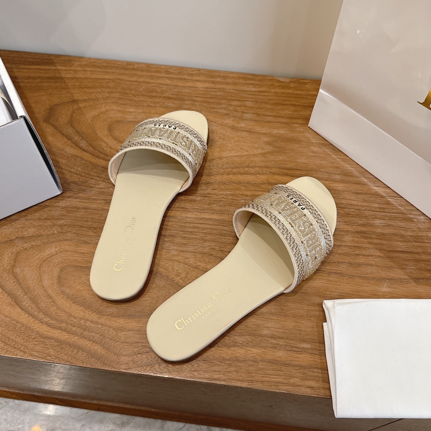 CD 26s Embroidered Sandals Beige Canvas Leather 685603